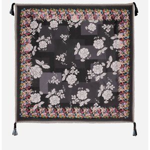 Johnny Was Redland Silk Scarf Square Large Floral Scarves Black White Tassel New